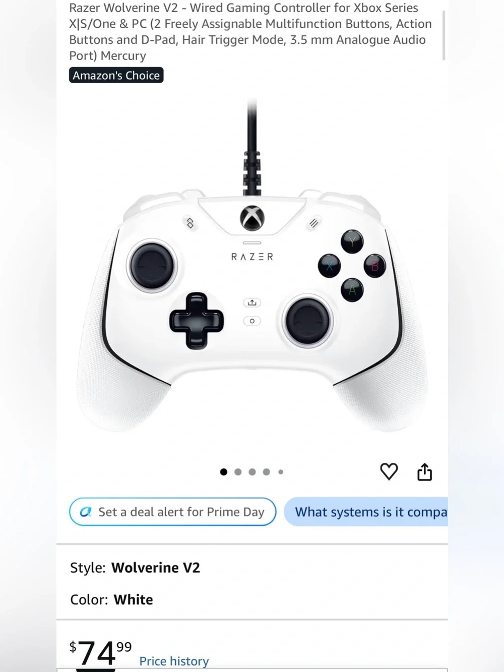 Razer Wolverine V2 White Wired Xbox Series Controller